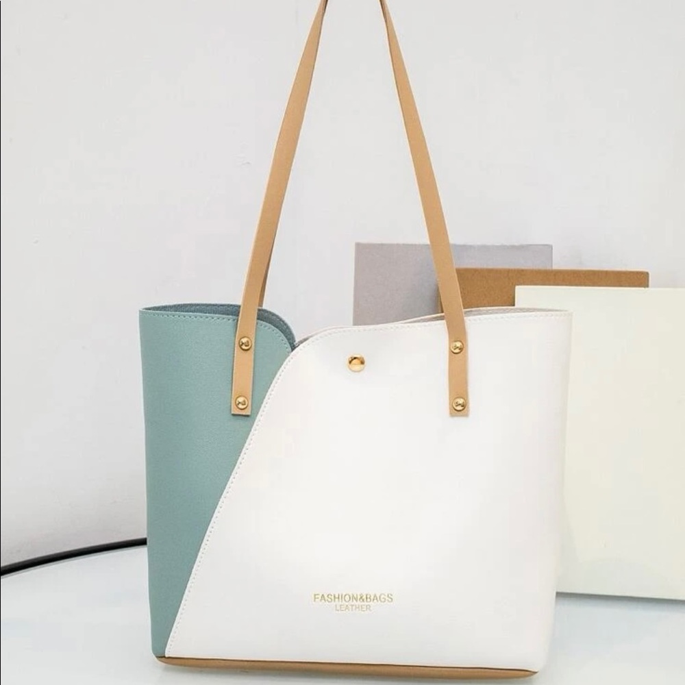 Two tone studded fashion tote bag